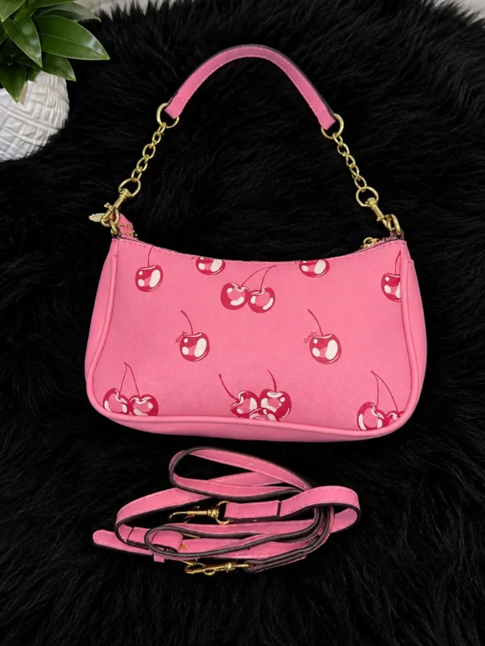 Pink Cherry Print Shoulder Bag